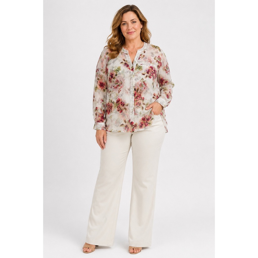 KUT from the Kloth Floral Chiffon Blouse Pink Green Boho Cottagecore Plus Sz 1X